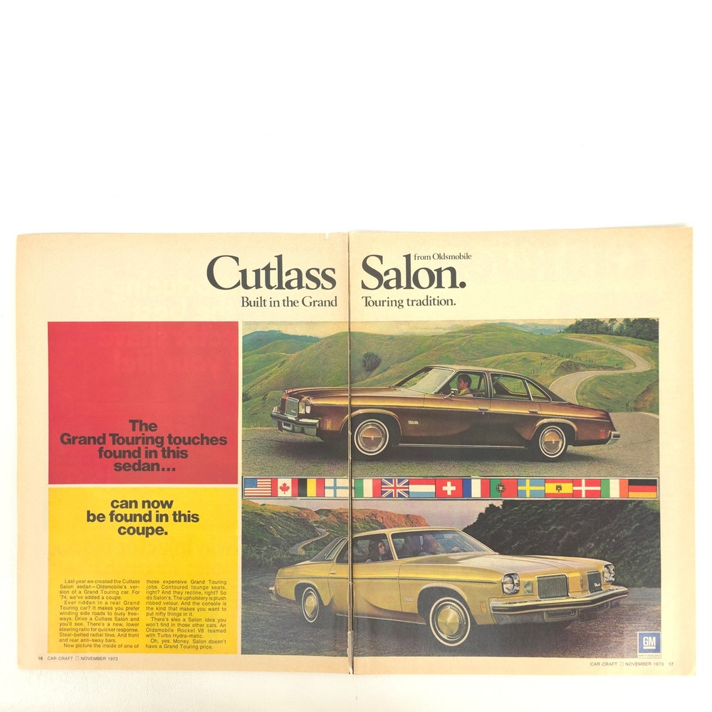 Oldsmobile Cutlass Salon Print Ad Sedan Coupe 1973 GM Vintage Car Wall Decor Art